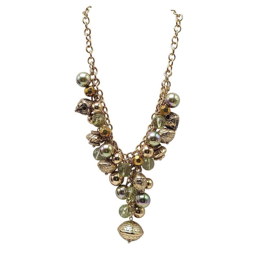 Gold Tone Chunky Statement Necklace With Mixed Beads and Charms